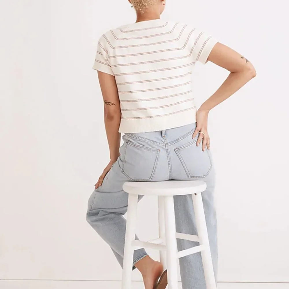 Madewell White Scoop Sweater Tee with Brown Stripes, Size Small - Picture 3 of 8